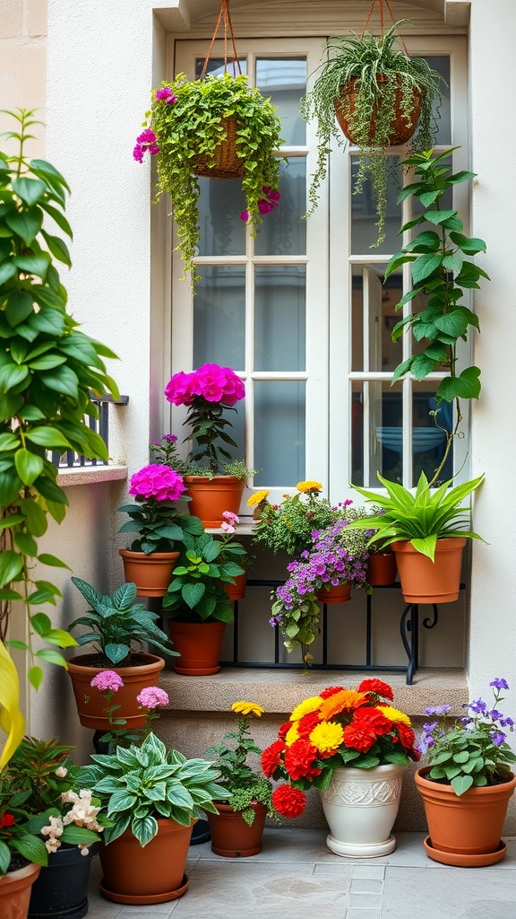 Colorful balcony container garden with various plants and flowers in pots.