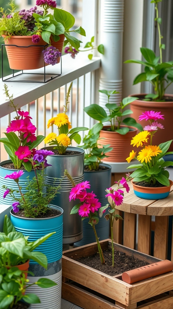 Colorful container garden featuring recycled materials on a balcony
