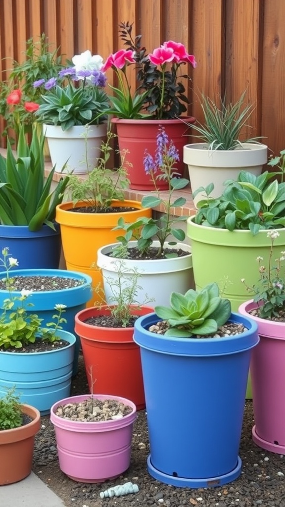 A variety of colorful flower pots filled with plants arranged on a surface.