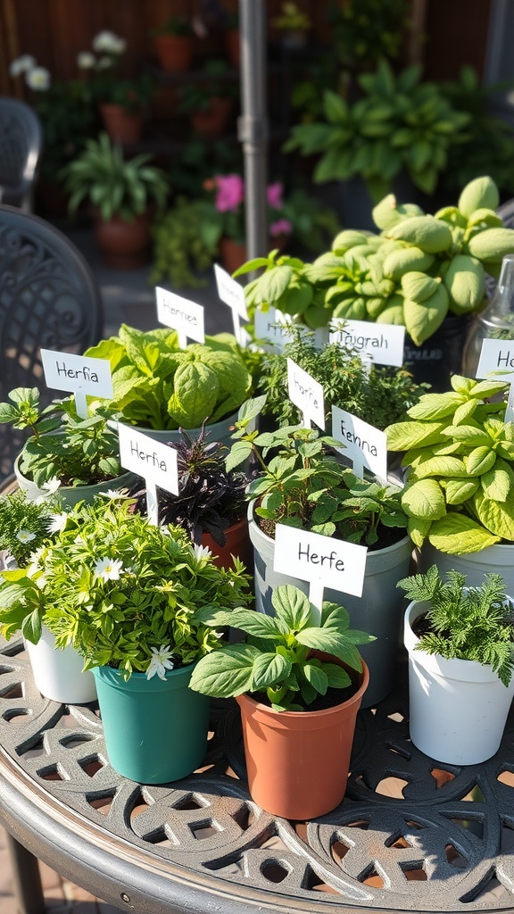 A variety of potted herbs on a table with labels identifying each plant.