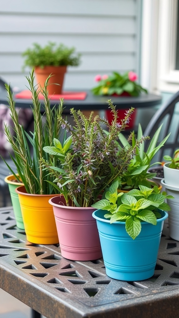A variety of colorful pots filled with herbs on a patio table.