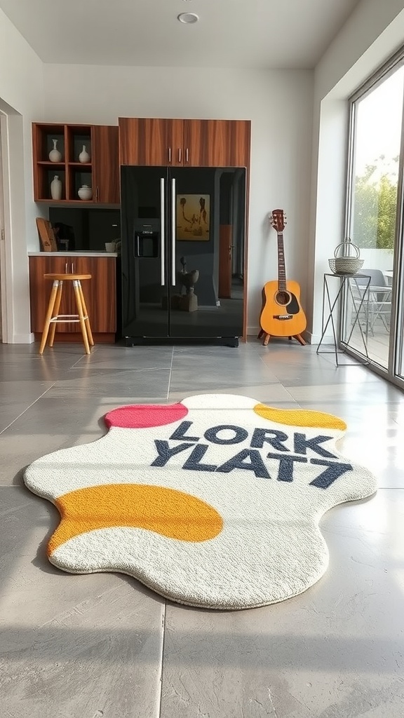 A contemporary abstract shaped kitchen rug with colorful patterns.