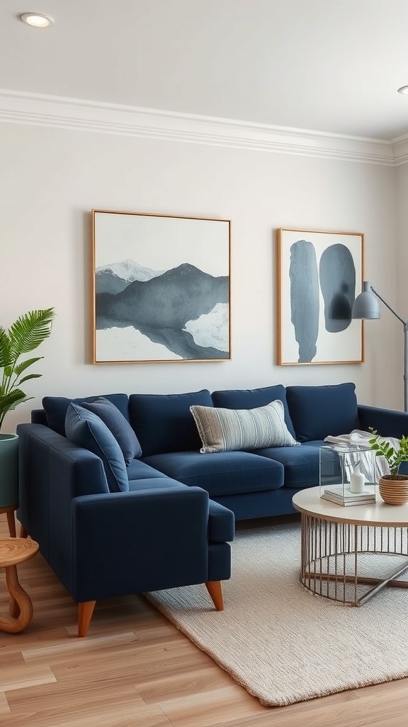 A contemporary living room featuring a navy blue sofa, abstract art on the walls, and a cozy atmosphere.
