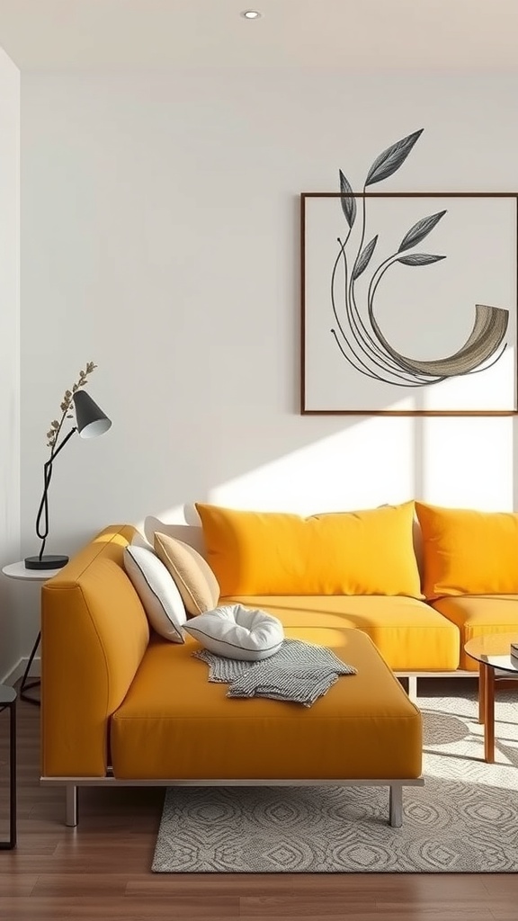 A contemporary living room featuring a mustard sofa, round coffee table, and stylish decor.