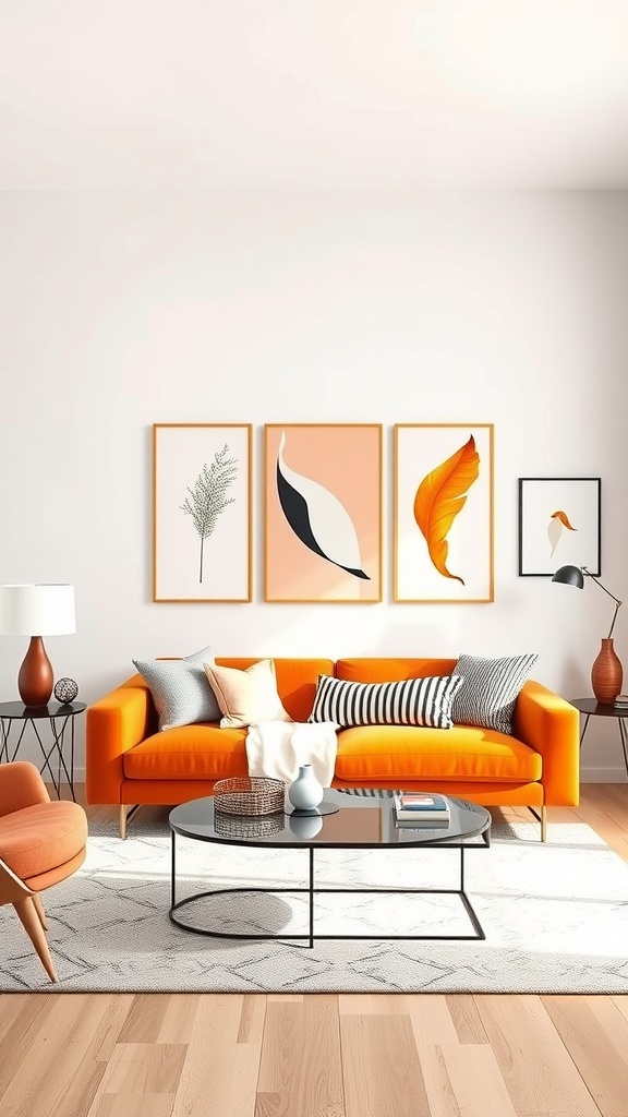 A contemporary living room featuring an orange sofa, decorative pillows, a glass coffee table, and framed artwork on the wall.