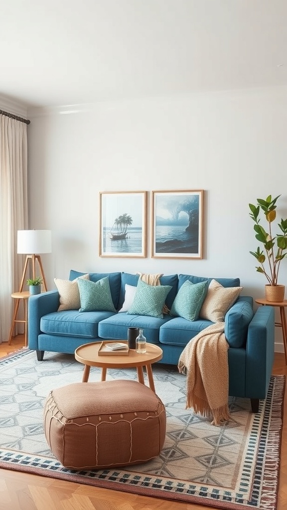 A contemporary living room featuring a blue sofa, geometric patterned rug, and stylish decor.
