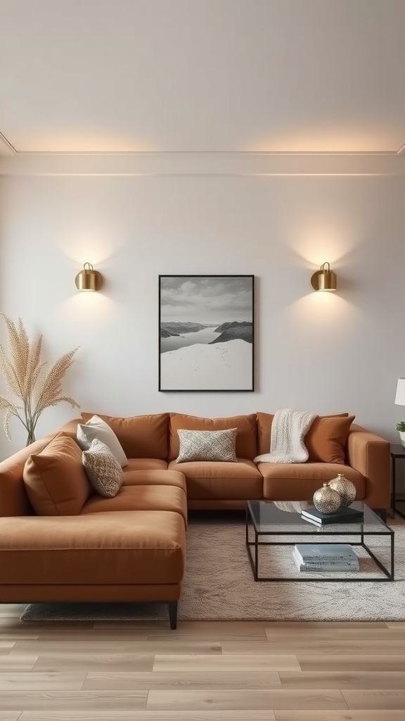 A contemporary living room featuring a brown sofa, metallic accents, and a glass coffee table.