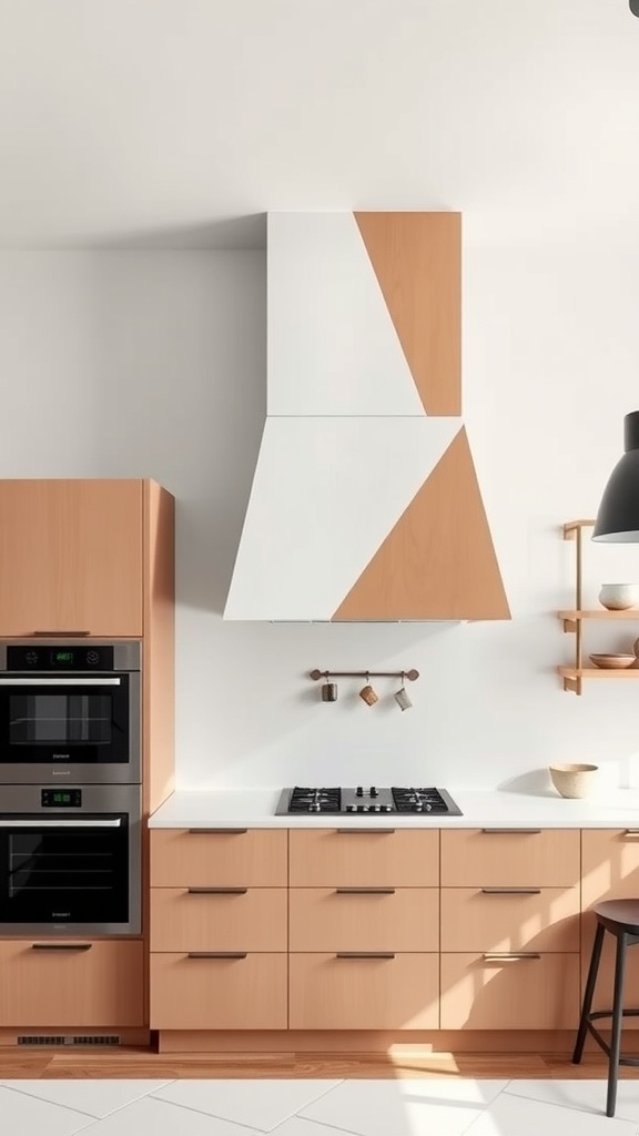 Contemporary kitchen design featuring a geometric chimney hood with wooden cabinetry.