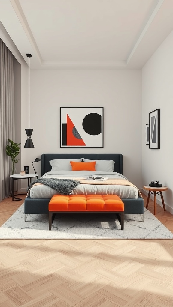 A modern corner bed setup with gray and orange accents, featuring geometric wall art and stylish lighting.