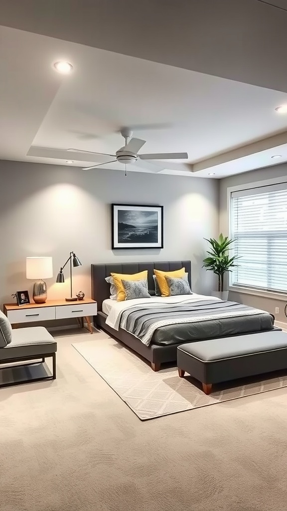 A contemporary basement bedroom featuring a stylish bed with layered bedding, a nightstand with a lamp, a comfortable chair, and a potted plant by a window.