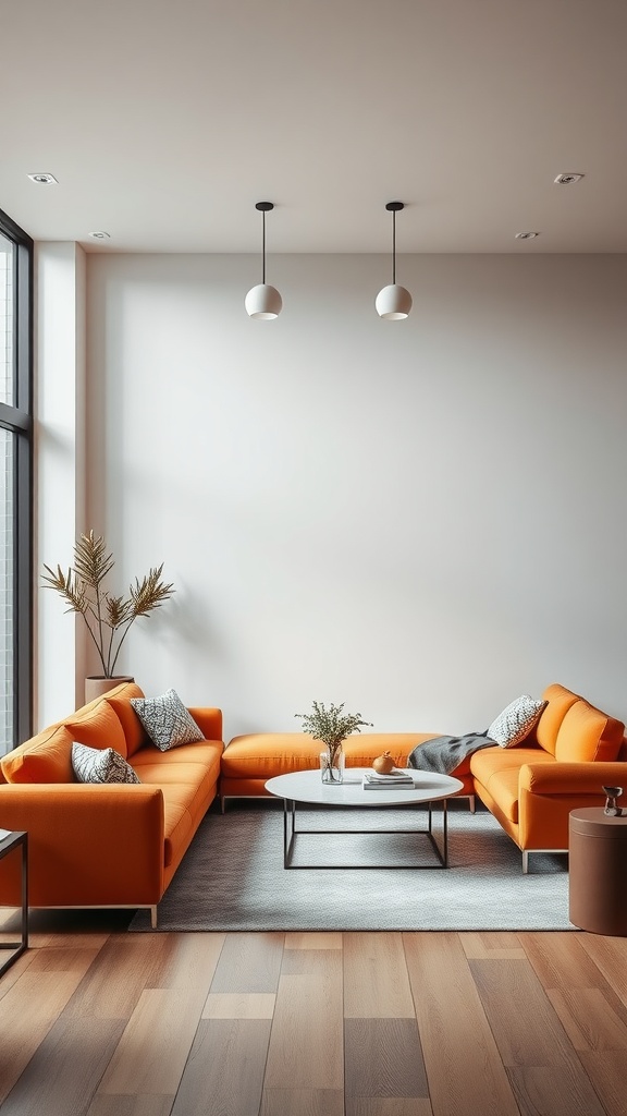 A modern living room featuring an orange sofa set with a round coffee table and a gray area rug.