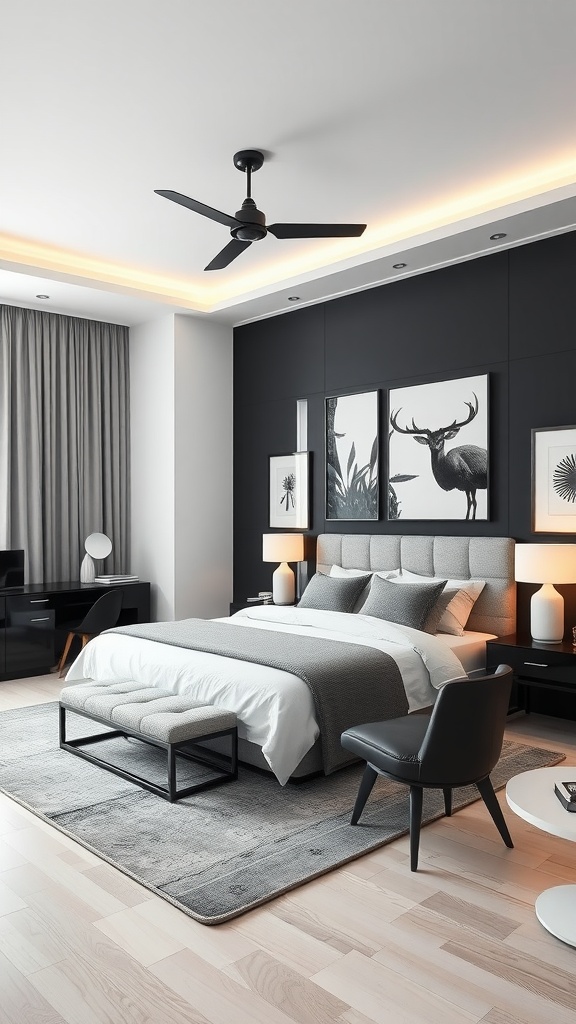 A stylish monochrome bedroom featuring a tufted bed, sleek furniture, and minimalist decor.