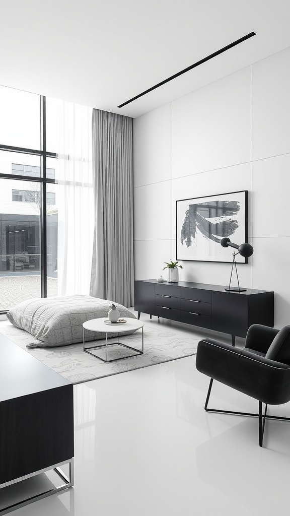 A contemporary black and white bedroom featuring clean lines in furniture and decor.
