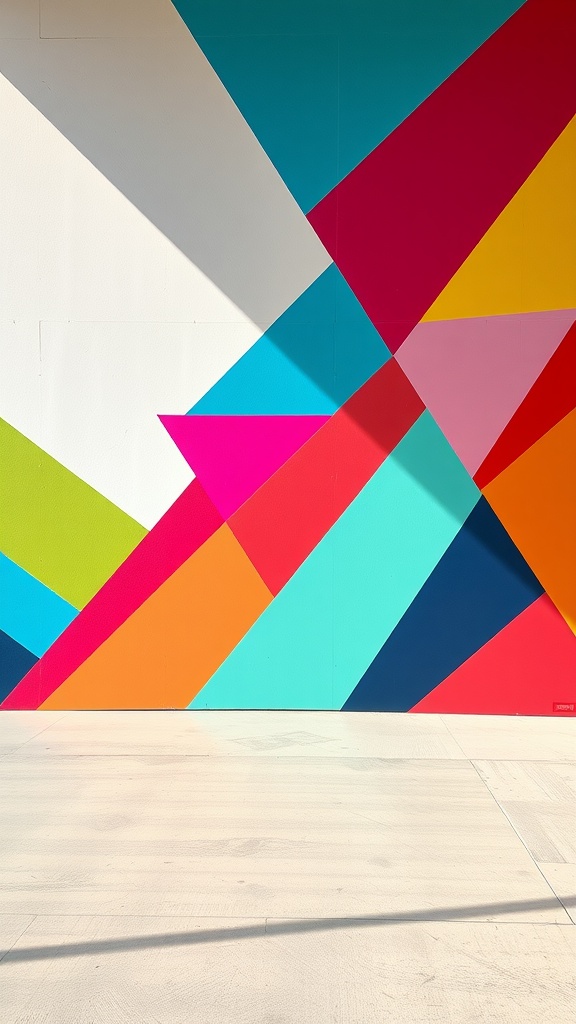 A colorful wall featuring contemporary geometric designs in bold shapes.