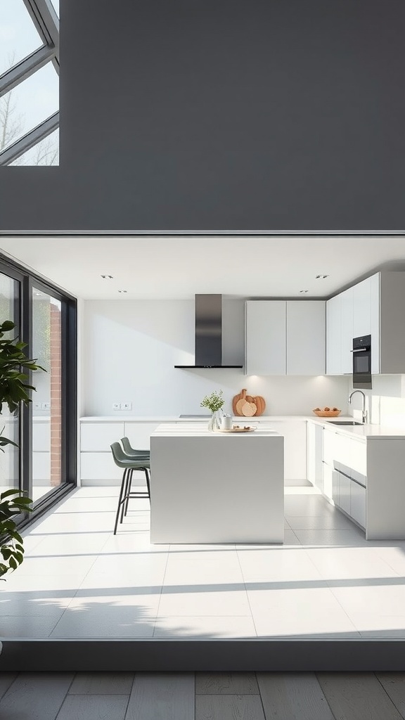 A modern kitchen with glass walls and a minimalist design, showcasing a clean and bright atmosphere.