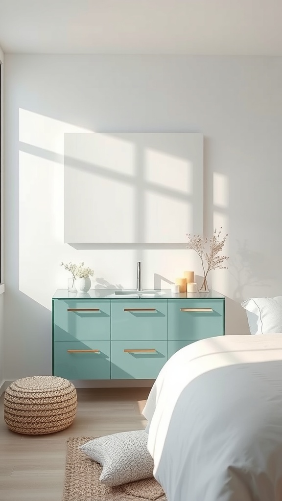 A contemporary turquoise glass vanity with gold handles in a bright bathroom setting