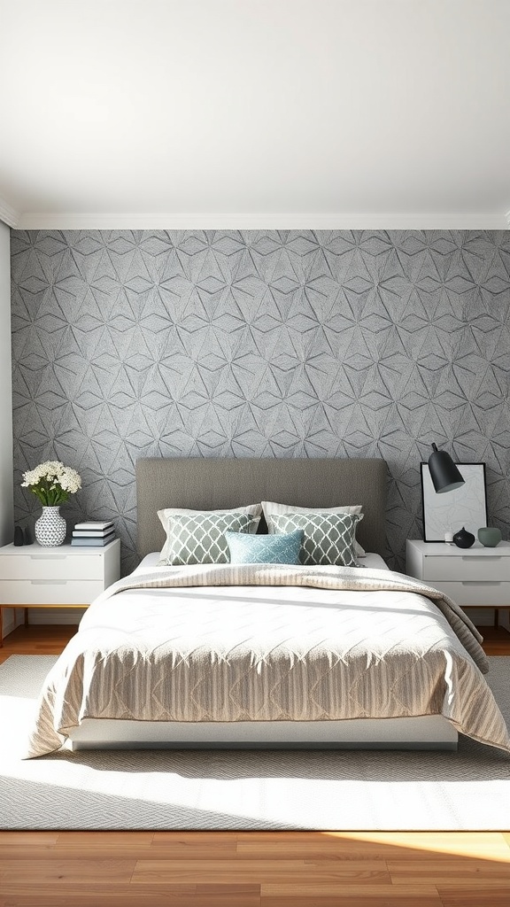 A contemporary gray bedroom featuring geometric patterned wallpaper, a neatly made bed with decorative pillows, and stylish nightstands.