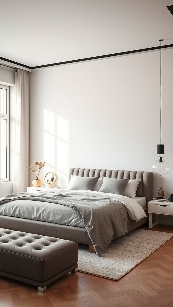 A contemporary bedroom featuring greige color tones with a tufted bed, matching ottoman, and soft textures.