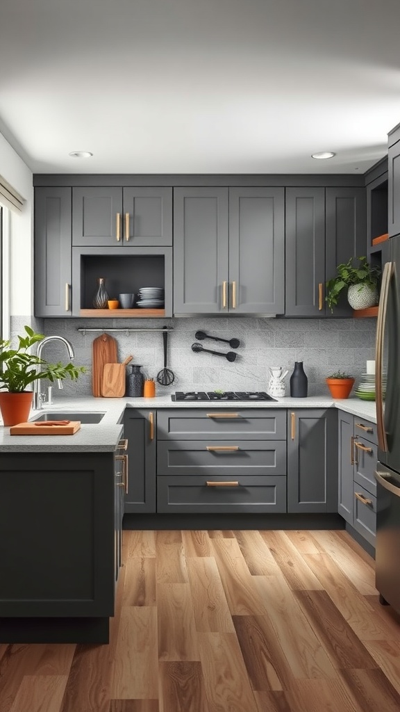 A contemporary grey kitchen with deep grey cabinets, gold hardware, light countertops, and wooden flooring.