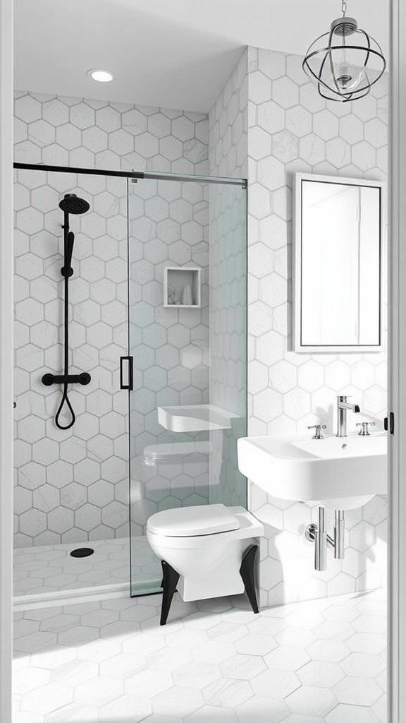 A modern bathroom featuring hexagonal tiles in a clean, contemporary design.