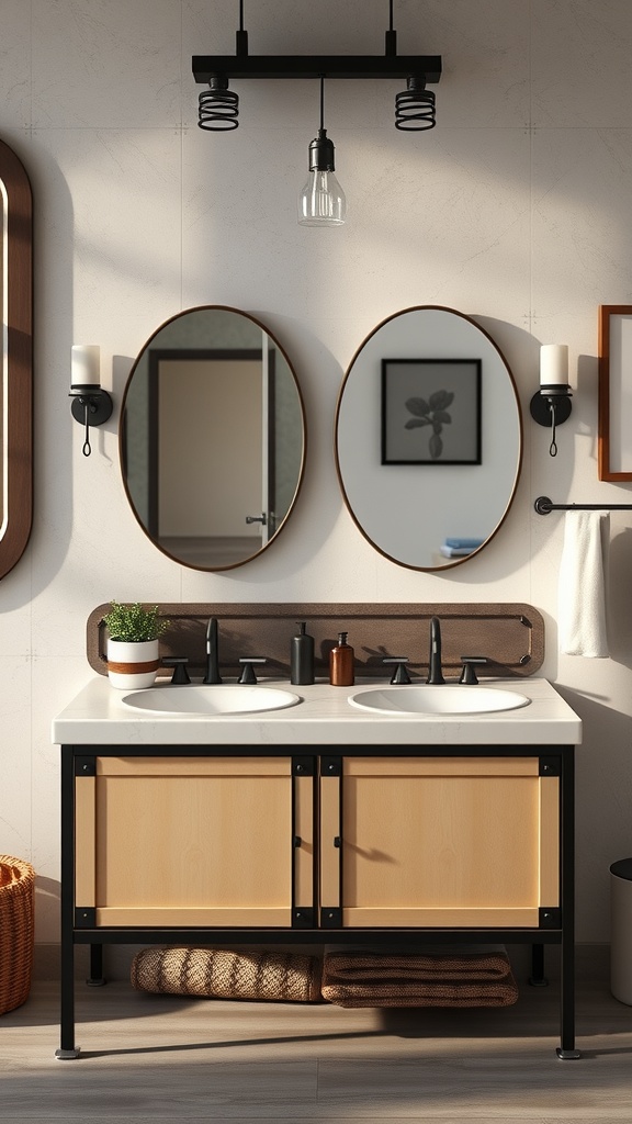 Double vanity bathroom with industrial style featuring a white countertop, wooden base, black fixtures, and round mirrors.