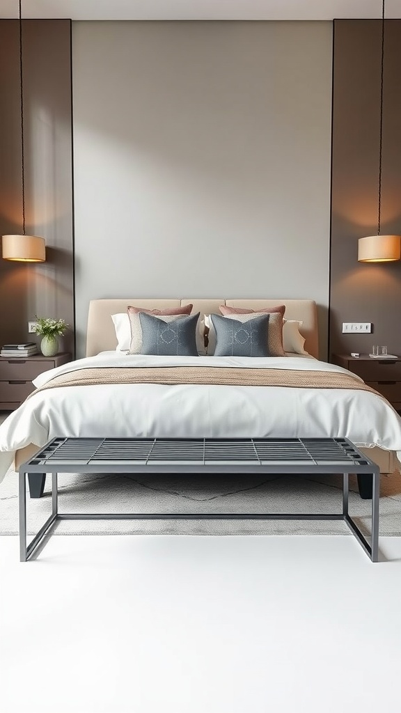 A modern bedroom featuring a contemporary metal bench at the end of the bed with a neutral color scheme.