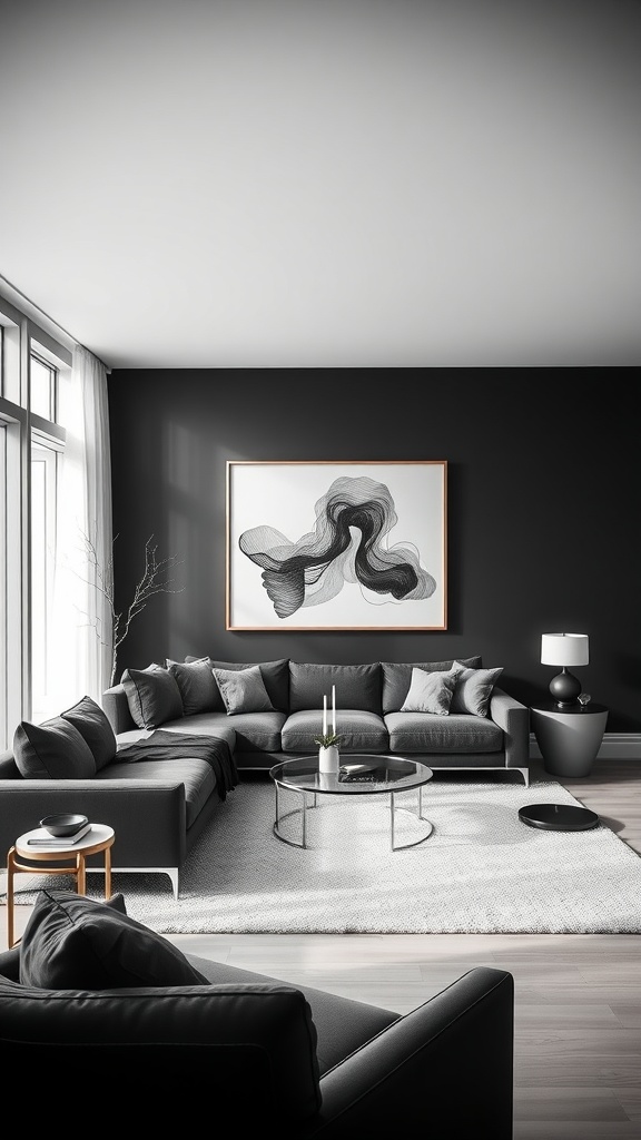 A modern monochrome living room featuring a gray sectional sofa, a round coffee table, and a large abstract artwork on the wall.