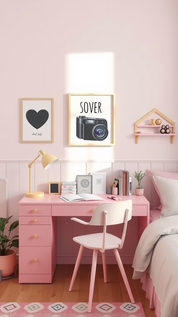 A contemporary pink desk space featuring a pink desk, white chair, framed art, and decorative shelf.