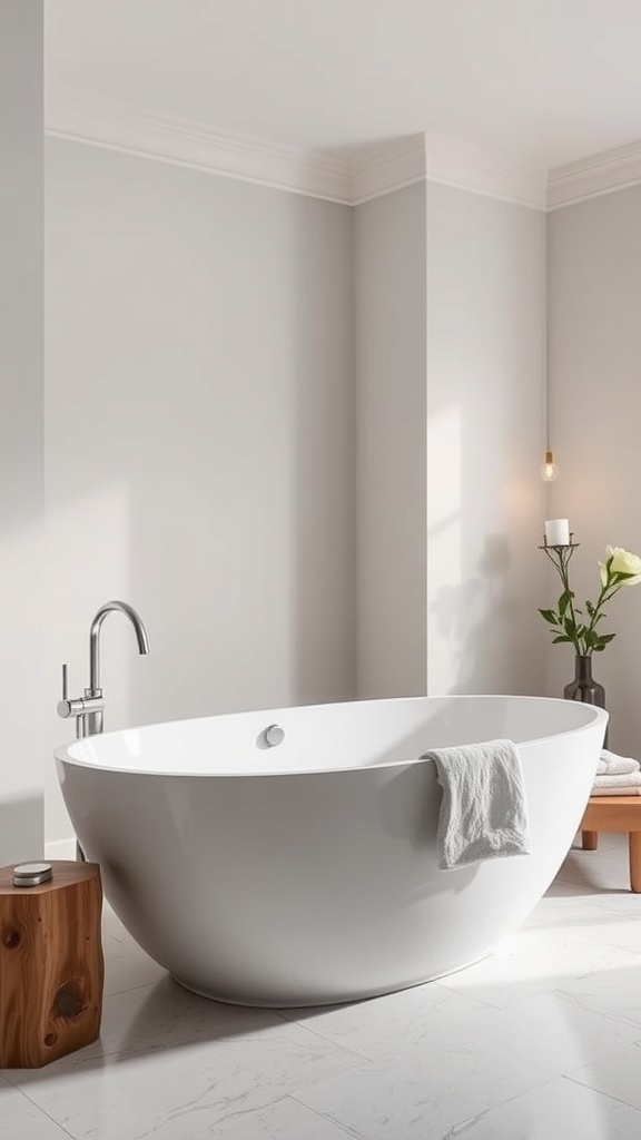 A modern freestanding bathtub in a minimalist bathroom setting
