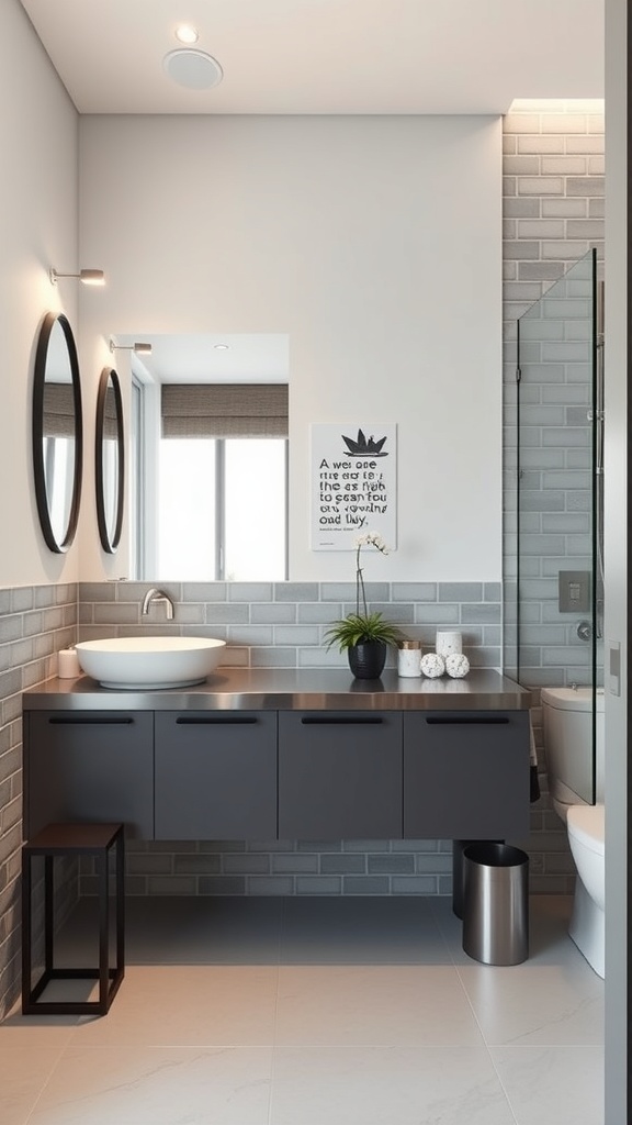 A contemporary bathroom featuring a stainless steel countertop, dark cabinetry, round mirrors, and minimalist decor.