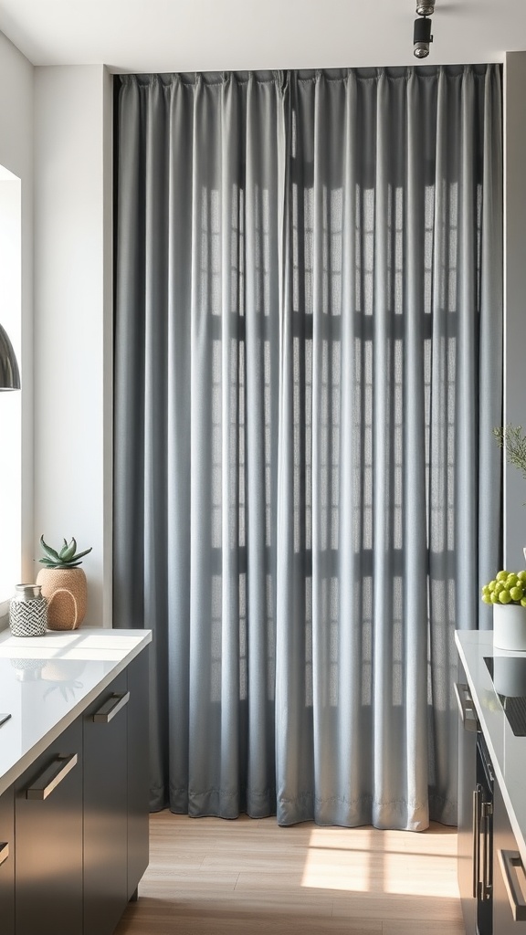 Modern kitchen with steel gray curtain panels hanging over a window.