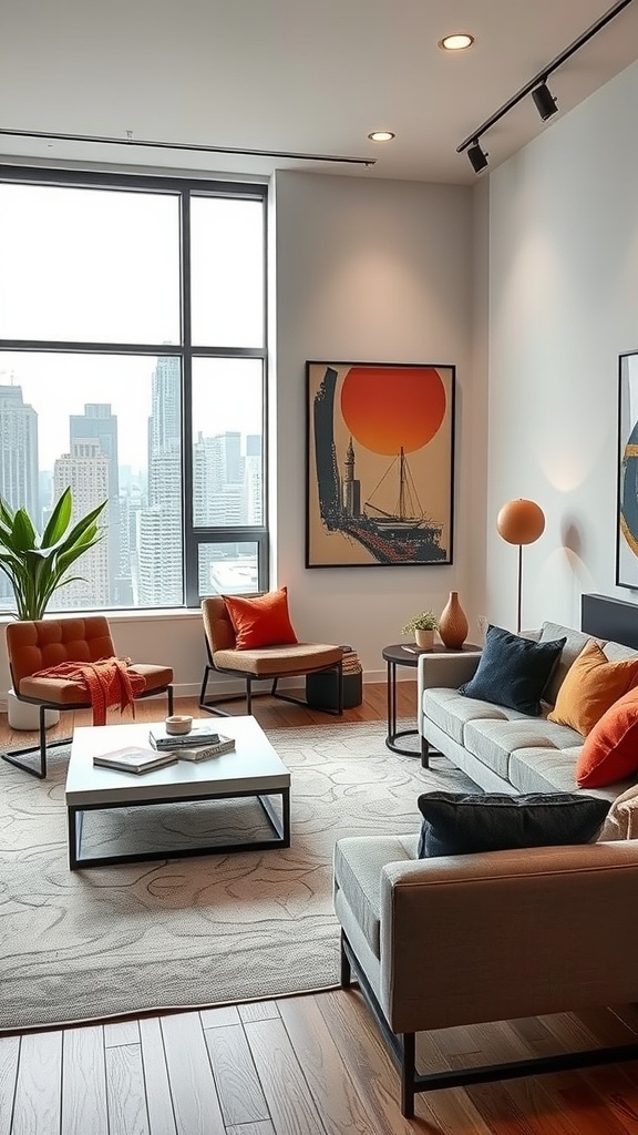 A contemporary urban living room with large windows, modern furniture, and bold artwork.