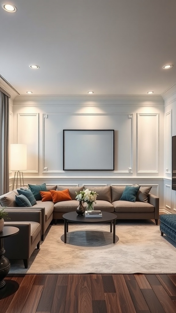 Contemporary living room featuring wainscoting and LED lighting