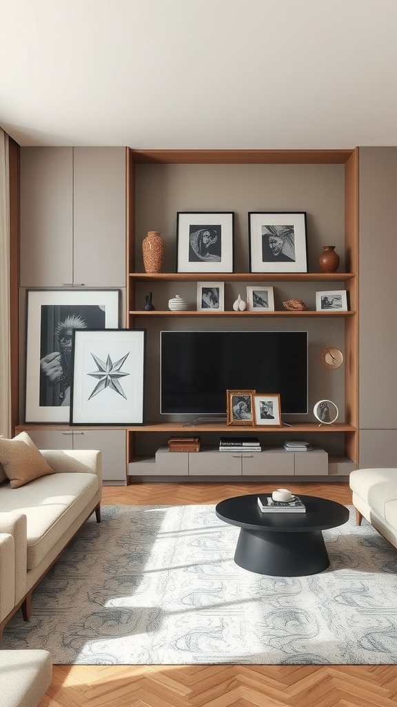 Contemporary wall unit in a living room featuring art displays and a television.