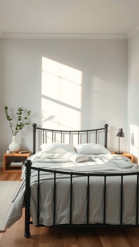 A modern bedroom featuring a black metal bed frame, soft linens, wooden bedside tables, and a touch of greenery.