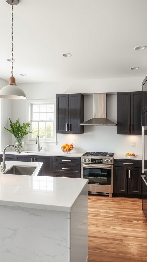 A modern kitchen featuring dark cabinets and light countertops, with a bright window and colorful fruit bowl.