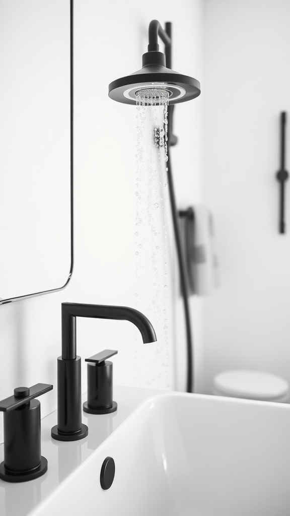 A minimalist bathroom featuring black fixtures against a white background, highlighting the contrast in design.