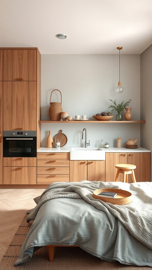 A Japandi kitchen featuring wooden cabinetry, woven baskets, and soft textiles.