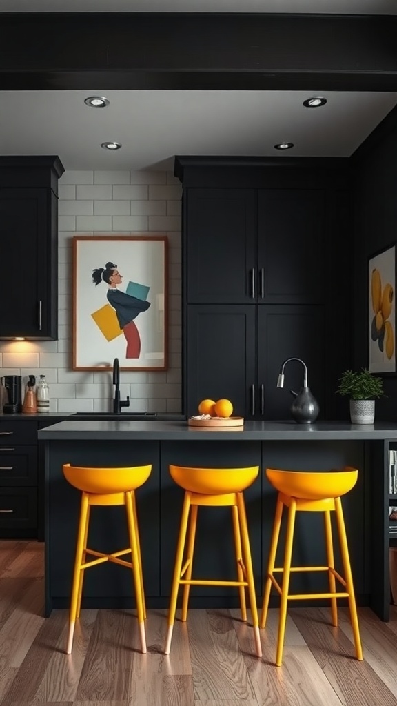 A modern kitchen with black cabinets, yellow bar stools, and colorful artwork.