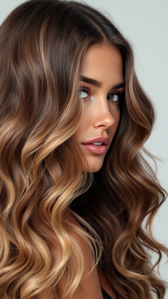 A model with light brown hair featuring blonde highlights, showcasing a contrast with rich chocolate brown tones.