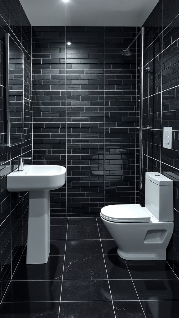 A modern bathroom featuring a black tile floor and white sink and toilet fixtures.