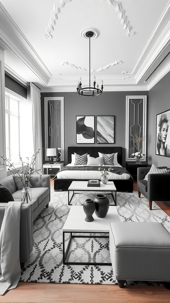 A stylish black and white living room featuring modern furniture and contrasting accessories.