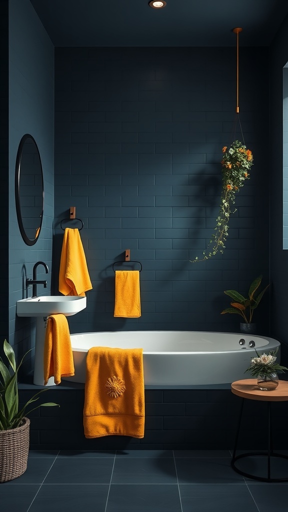 A dark blue bathroom featuring bright yellow towels and a hanging plant.