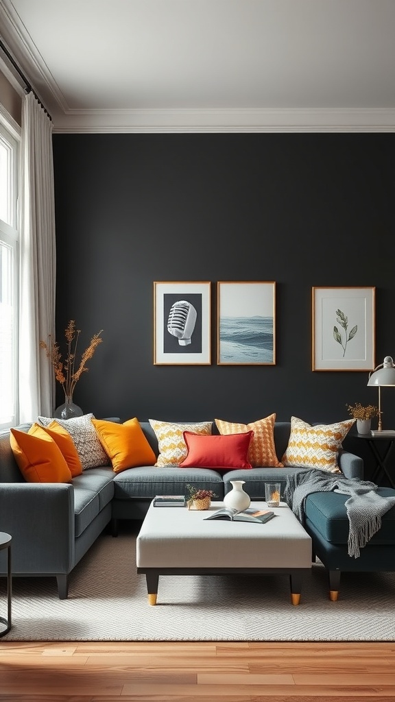 A cozy black living room with colorful cushions on a dark couch, framed artwork on the wall, and a light rug on the floor.