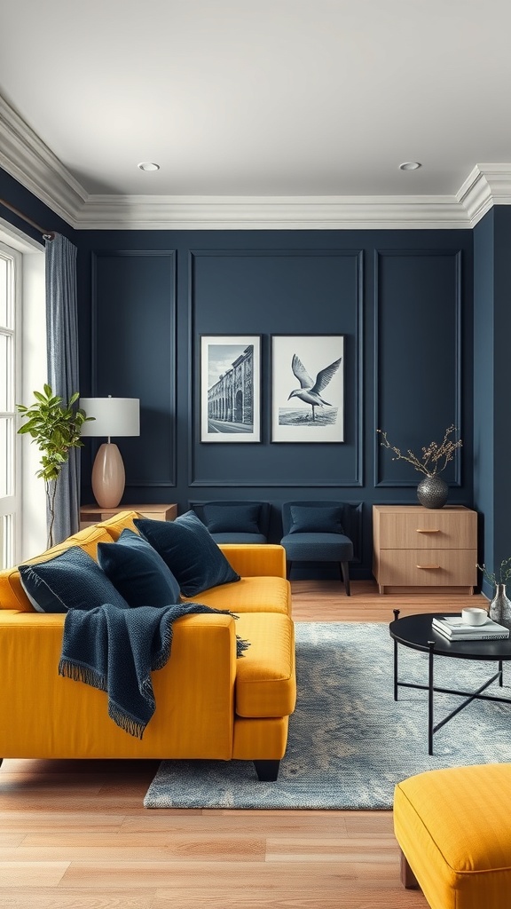 A living room featuring a bright yellow couch against navy blue walls, with decorative pillows and a stylish coffee table.