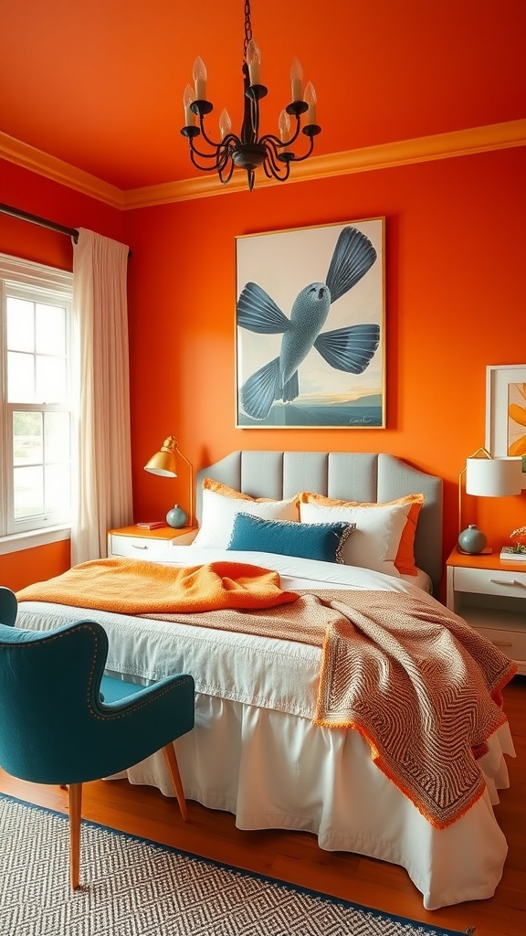 A vibrant burnt orange bedroom featuring a gray bed, teal chair, and colorful artwork.