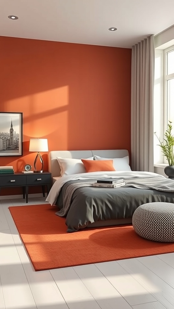 A cozy bedroom featuring a bold orange wall, gray bedding, and contrasting decor.