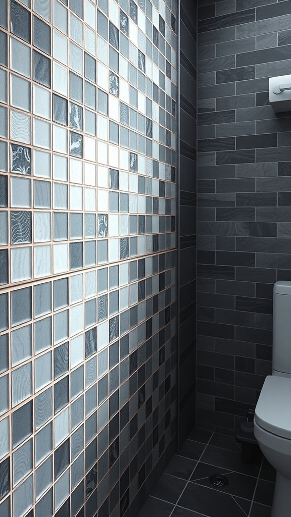 Bathroom wall featuring a combination of light and dark tiles with contrasting grout lines.