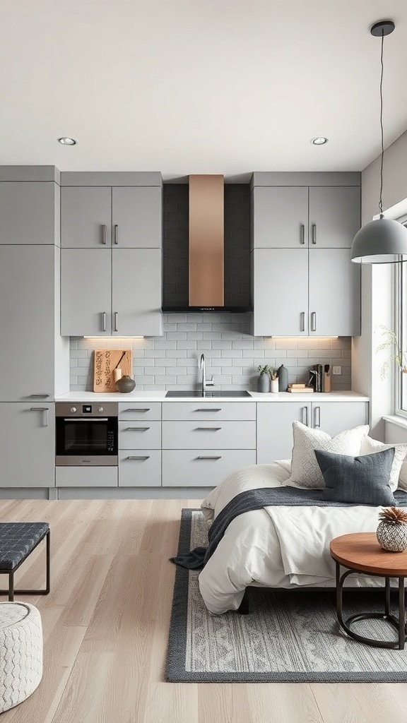 A modern kitchen featuring light grey cabinets and charcoal accents, with natural wood flooring and stylish decor.