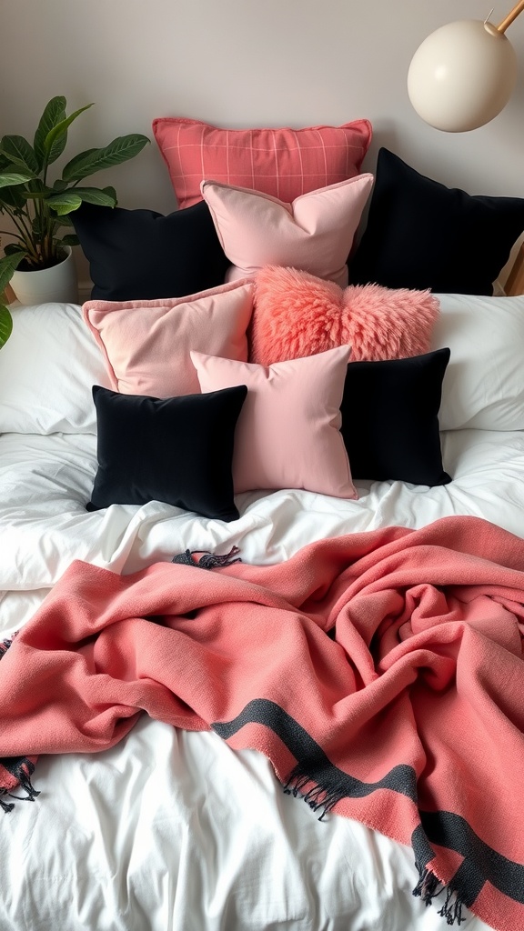 A bed with contrasting pink and black pillows and a pink throw